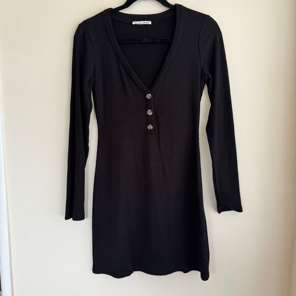 Reformation Jeans Ribbed Mini Dress Black V-Neck Button Stretch Long Sleeve Sz M - Picture 5 of 10